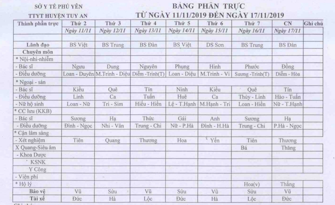 Lịch trưc 11.11-17.11