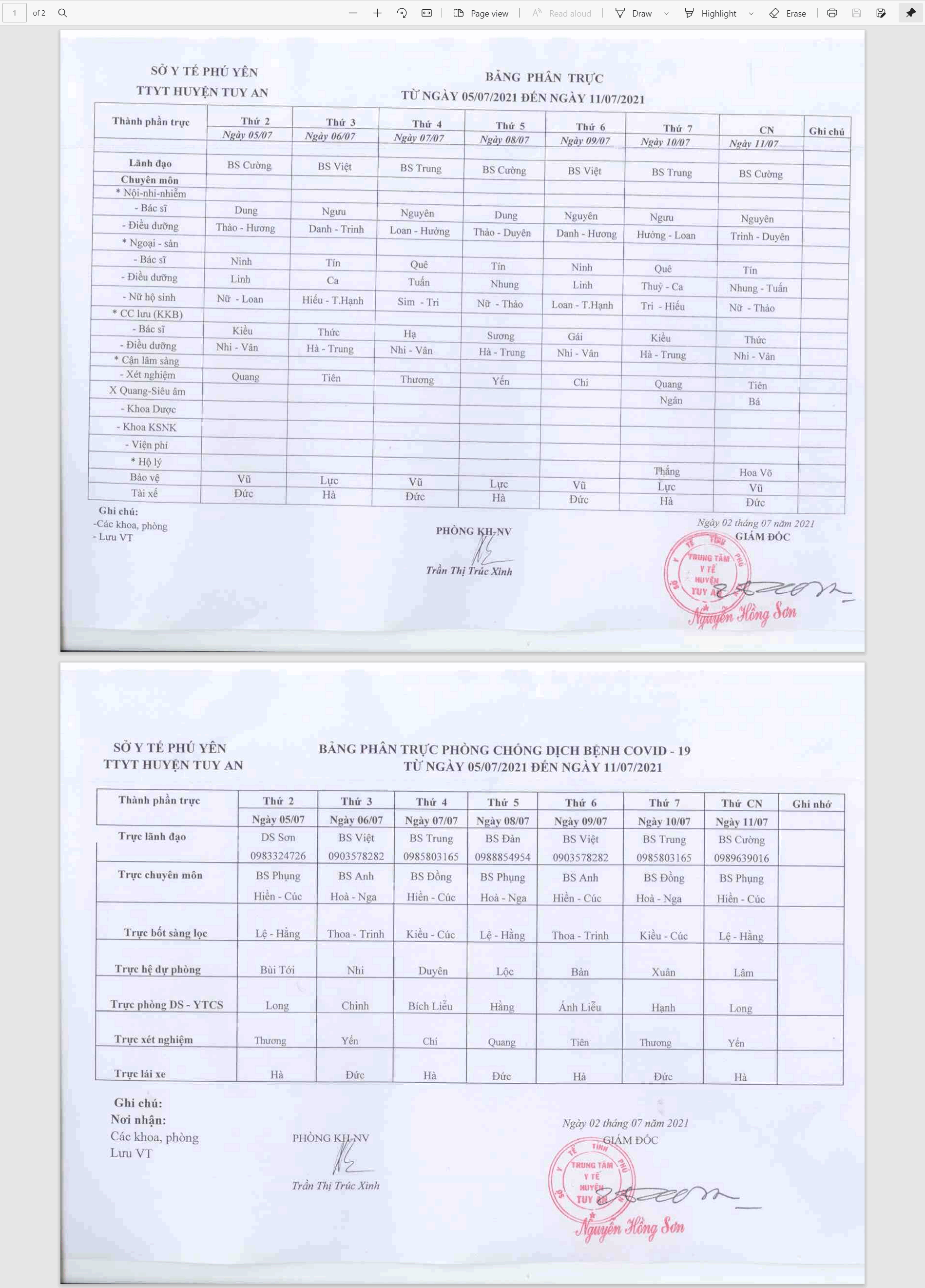 Lịch trực 05/7-11/7/2021