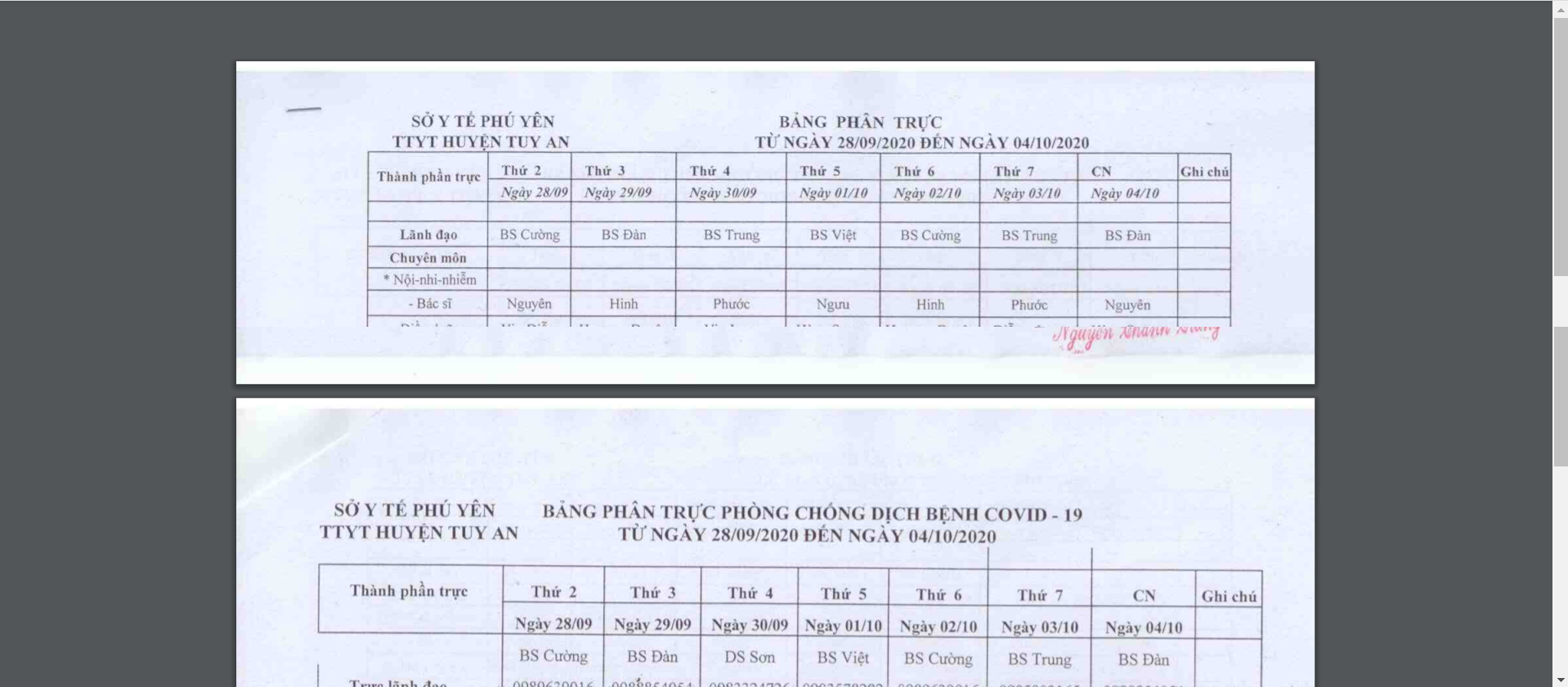 Lịch trực 28/9-4/10/2020
