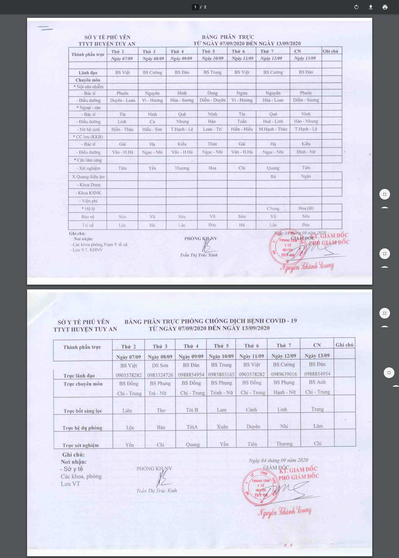 Lịch trực 7/9/2020 -13/9/2020