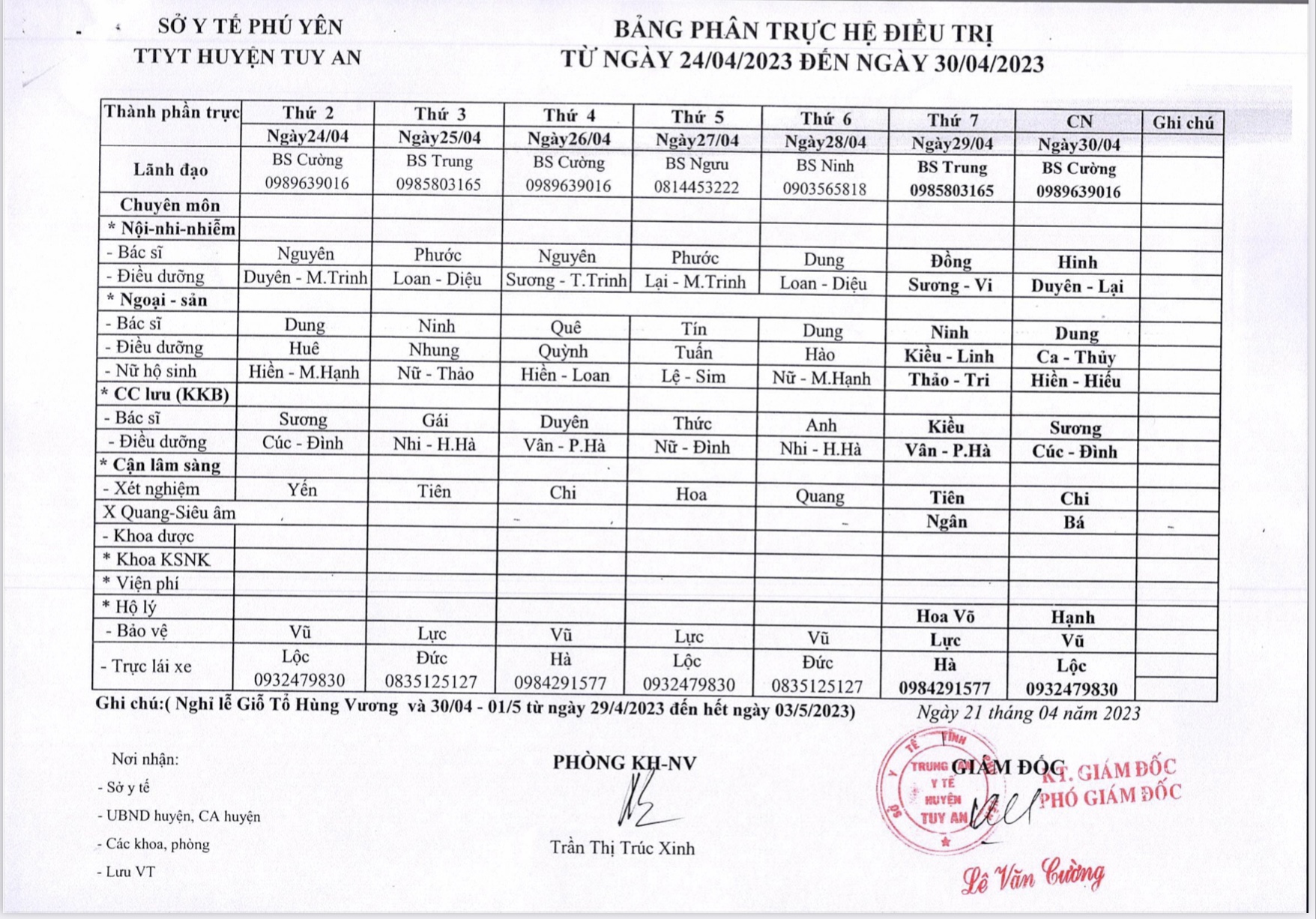Lịch trực 24/4/2023 - 30/4/2023