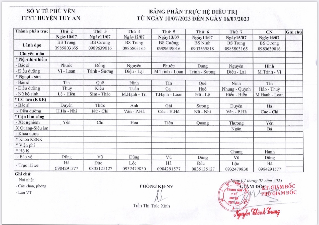 Lịch trực 10/7/2023 - 16/7/2023