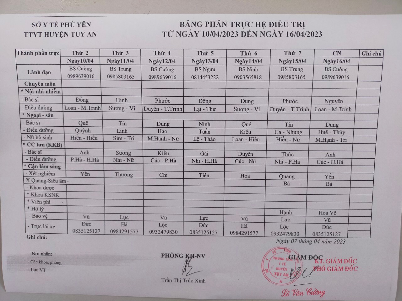 Lịch trực 10/4/2023 - 16/4/2023