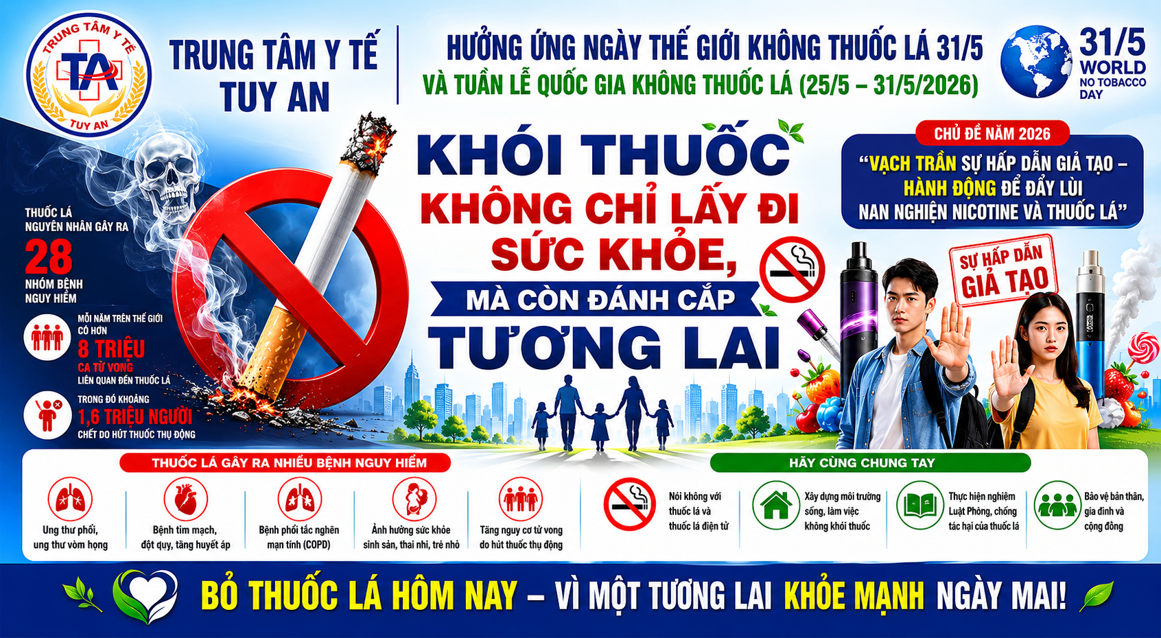 Hưởng ứng Ngày Thế giới không thuốc lá 31/5 và Tuần lễ Quốc gia không thuốc lá (25/5 – 31/5/2026)